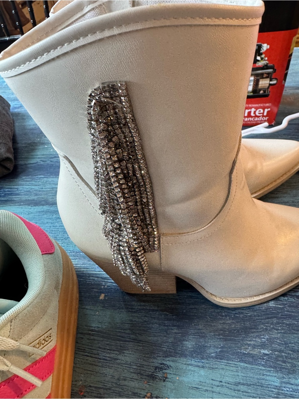 Forever 21 Beige Cowboy Ankle Boots with Rhinestone Fringe